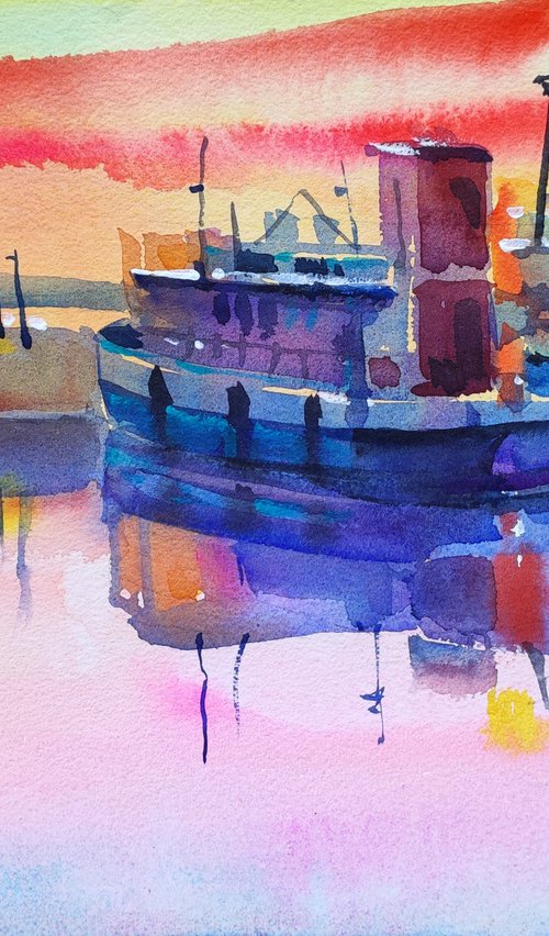 Sunset on the Lake — Watercolor Painting by Natalia Miasnikova