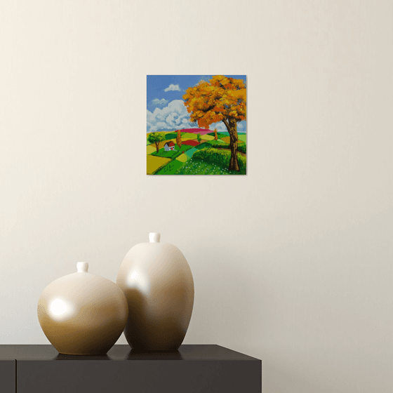 House and an orange tree folk art oil painting on canvas