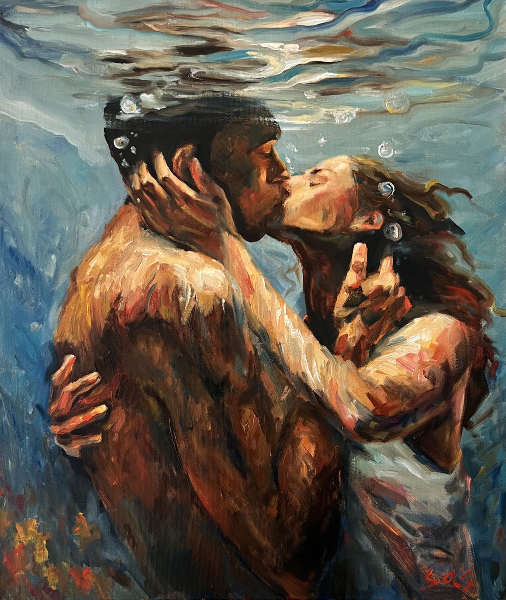 Impressionistic Portrait Oil Painting By Liubou Sas, 24 X 28", Underwater, Original Artwork