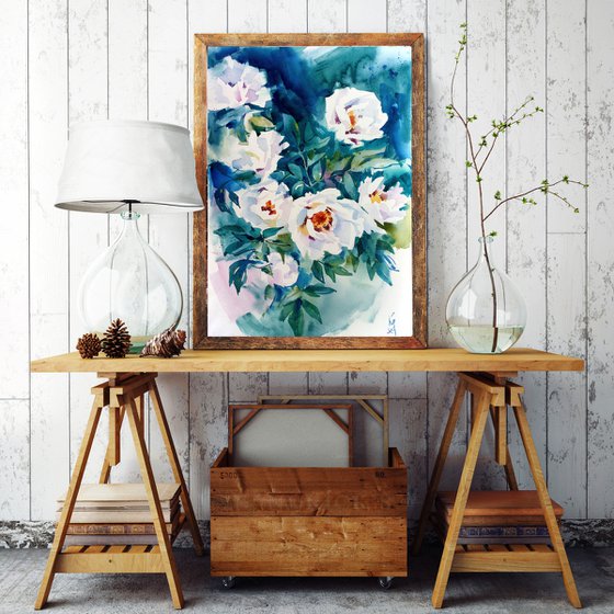 "Blooming white peonies in the evening" original botany watercolor artwork