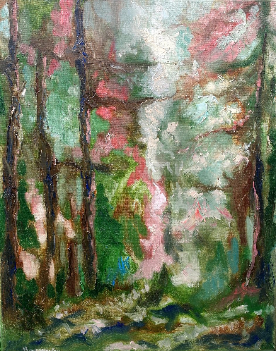 Expressive Abstract Oil Painting By Juri Semjonov, 16 X 20", Old Forest #6, Original Artwork