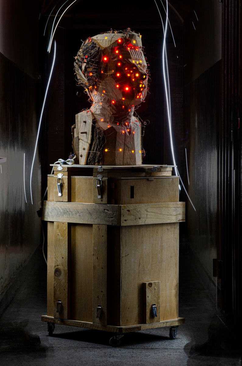 Portrait Wood Sculpture By Nikolay Marinov, 18 X 65", Illuminated Self-Portrait, Original Artwork