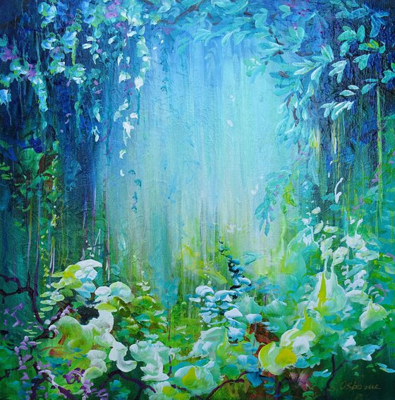 TROPICAL RAINFOREST II. Orchid Flowers Acrylic Square Painting on Canvas