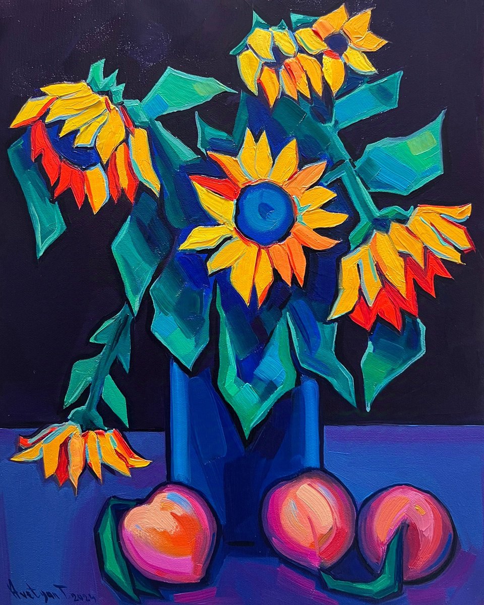 Expressive Still Life Oil Painting By Tigran Avetyan, 16 X 20", Sunflowers, Original Artwork
