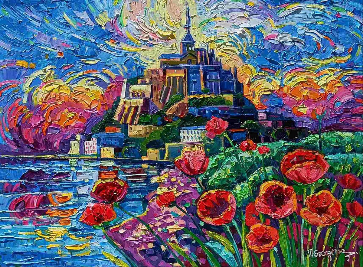Expressive Landscape Oil Painting By Vanya Georgieva, 31 X 24", Saint Michel And The Poppies, Original Artwork