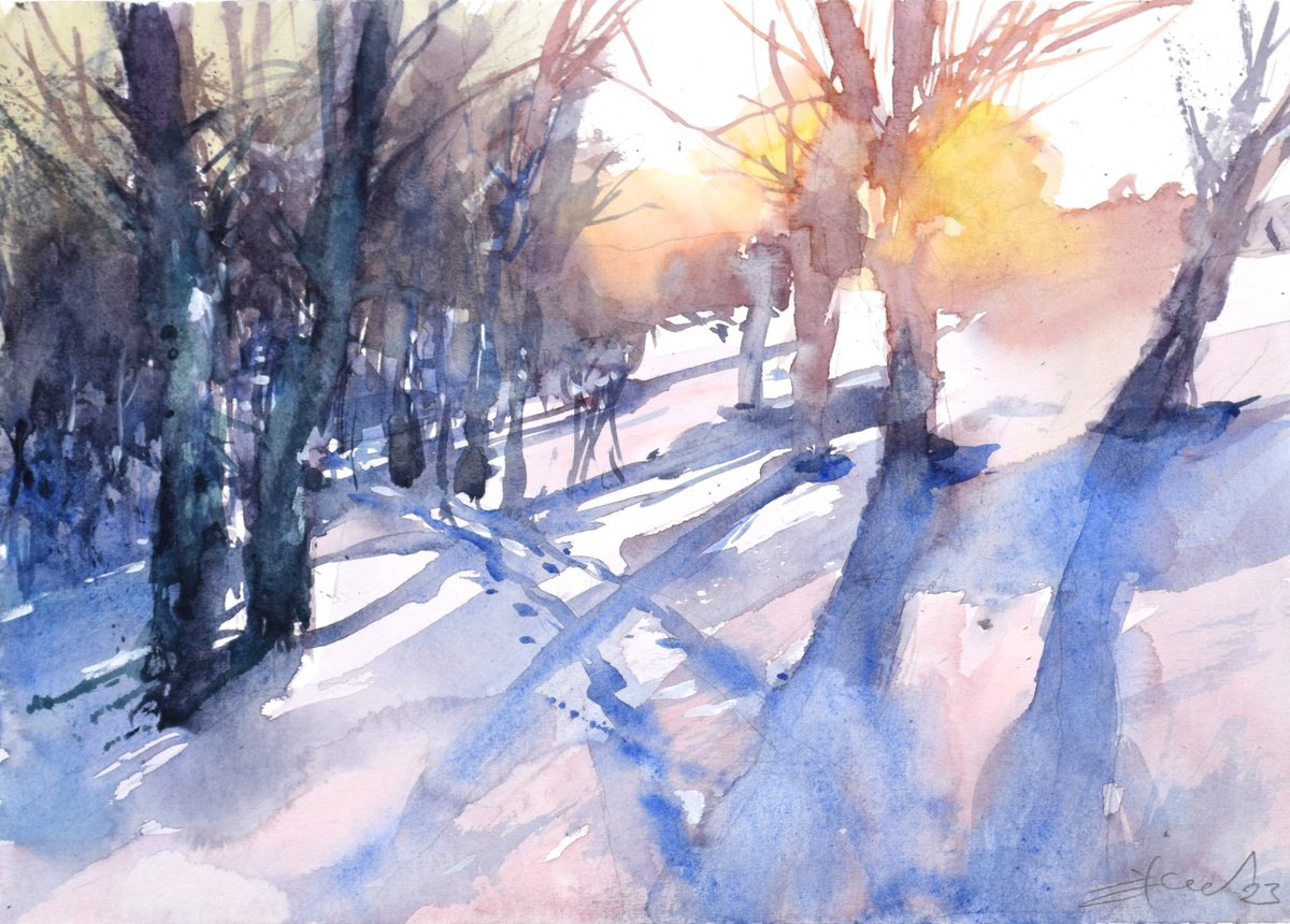 Winter sunset by Goran Zigolic Watercolors
