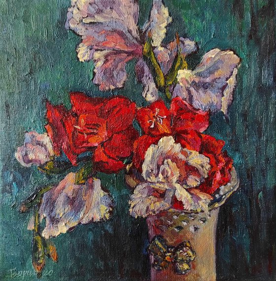 Gladioluses - original painting, red, white and red flowers