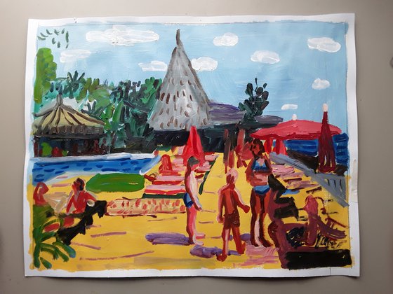 Pool scene Marbella,  1970s (oil on paper)
