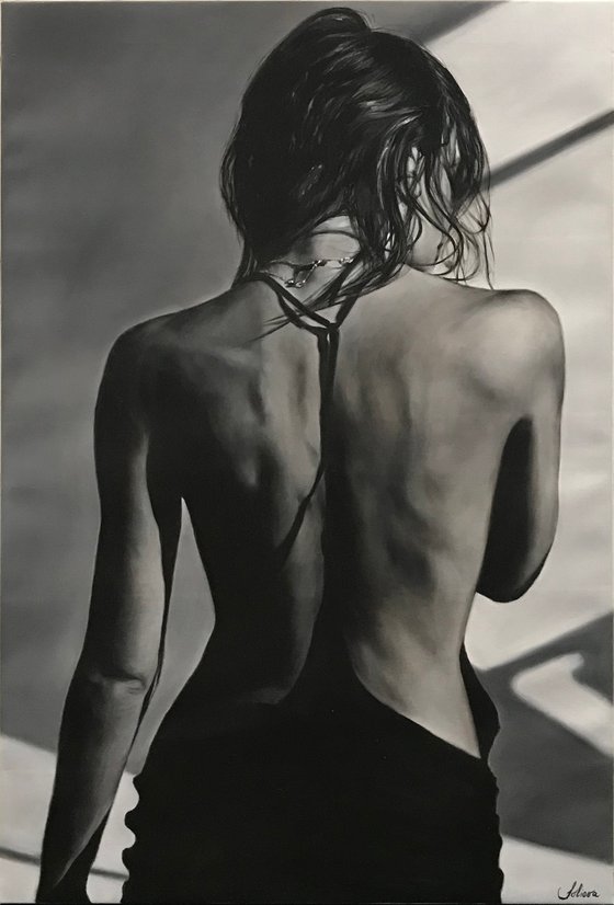 stylish black and white oil painting in white with a woman Grace 85*55 cm