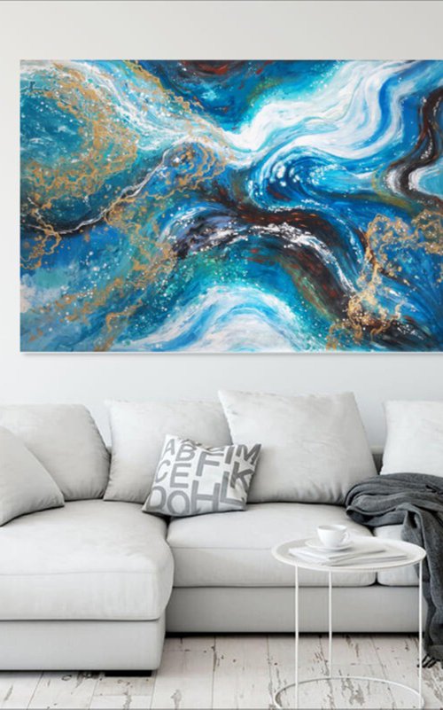 "Golden tide" XXXL art, large acrylic painting, contemporary art, home decor office art, royal blue, gold, turquoise by Alexandra Dobreikin