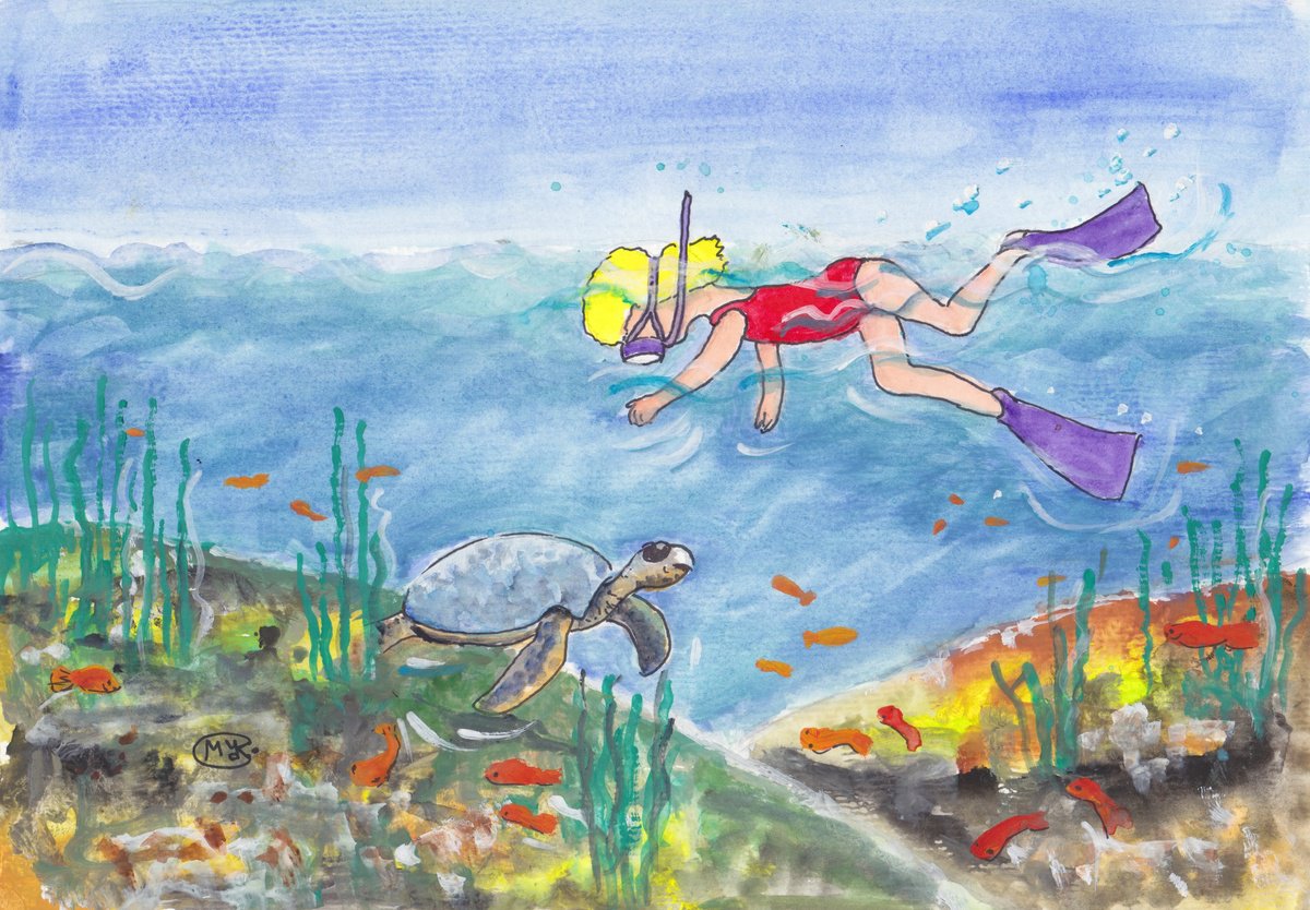 Expressive Portrait Painting By Marjansart, 12 X 8", Girl Fishes And Sea Turtle, Original Artwork