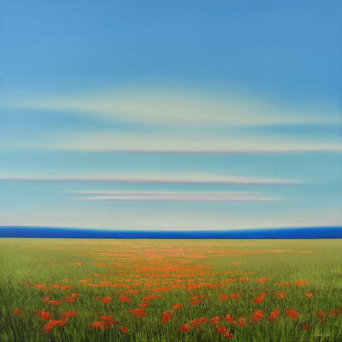 Field of Poppies - Blue Sky Landscape by Suzanne Vaughan