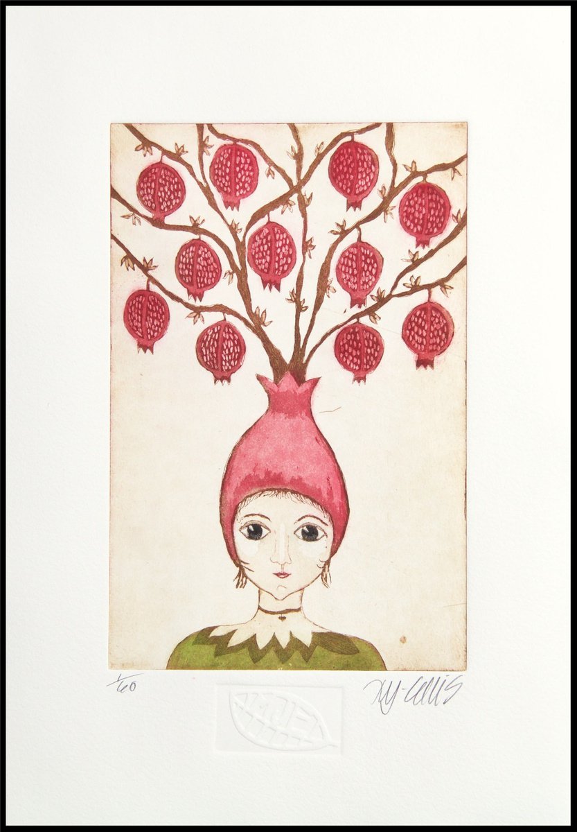Pomegranate Girl, aquatint etching by Mariann Johansen-Ellis
