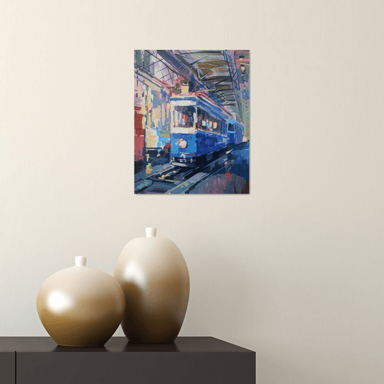 Blue tram (24x30cm, oil painting, ready to hang)