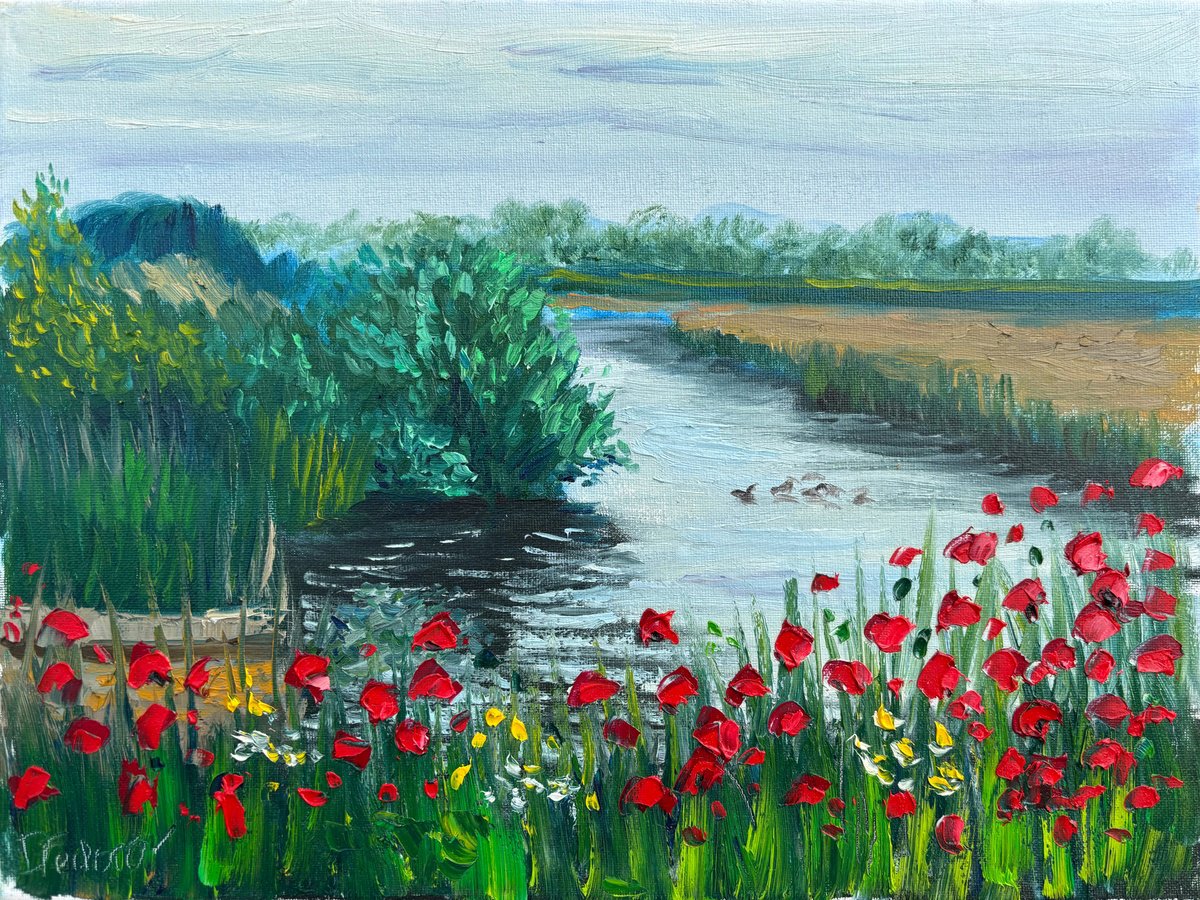 Impressionistic Botanical Oil Painting By Dmitry Fedorov, 16 X 12, Red Poppies By The Water. Pleinair Painting, Artfinder