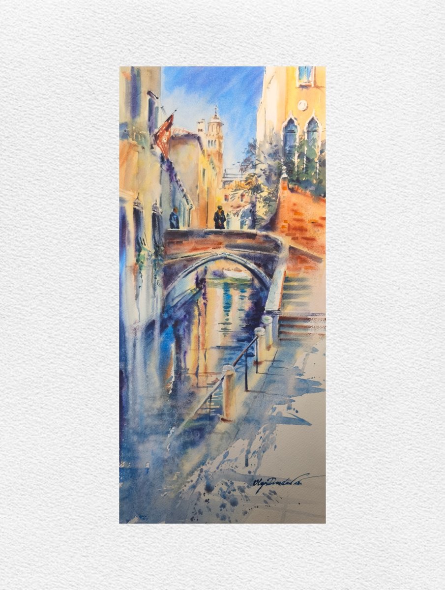 Impressionistic Cityscapes Watercolour By Olga Drozdova, 10 X 22", A Conversation In Venice, Original Artwork