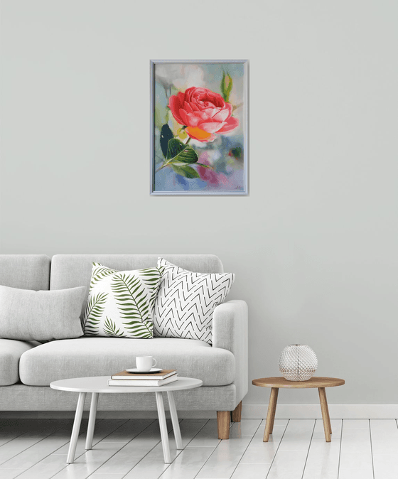 "In the morning in the garden.  "  rose red flower  liGHt original painting  GIFT (221)