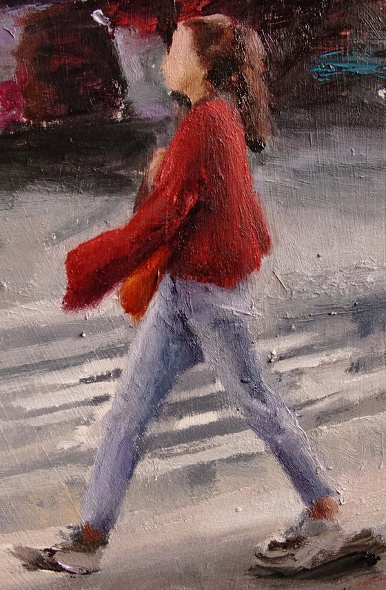 Red woolen sweater walking