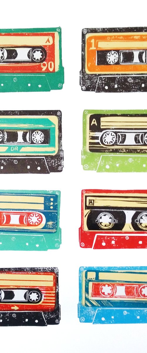 Linocut tapes #33 (cassette tapes, retro music, 70's, 80's rock culture) by Carolynne Coulson