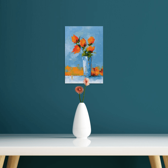 Modern still life painting. Flowers in vase