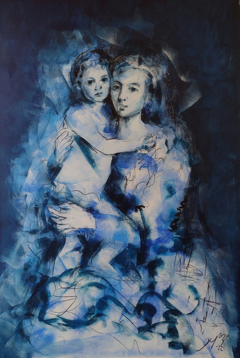 Expressive Portrait Acrylic Painting By Marina Del Pozo, 35 X 51", Blue Madonna, Original Artwork