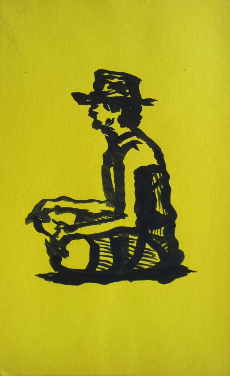 Expressive Portrait Ink Drawing By Aleksandar Basic, 8 X 13, Sitting Woman, Original Artwork