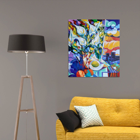 Still life with callas (80x90cm, cubism, oil painting, ready to hang)