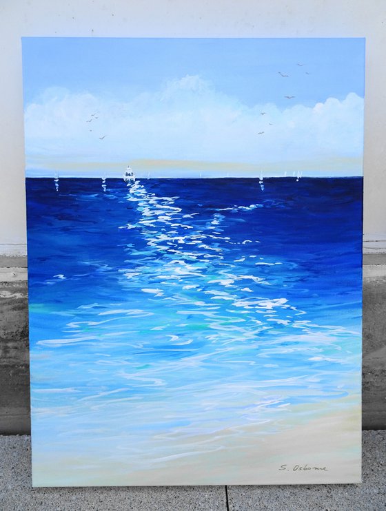 Sailing Boats Seascape Painting. Beach, Ocean, Sea Waves, Sky with Clouds. Coastal Decor Art.