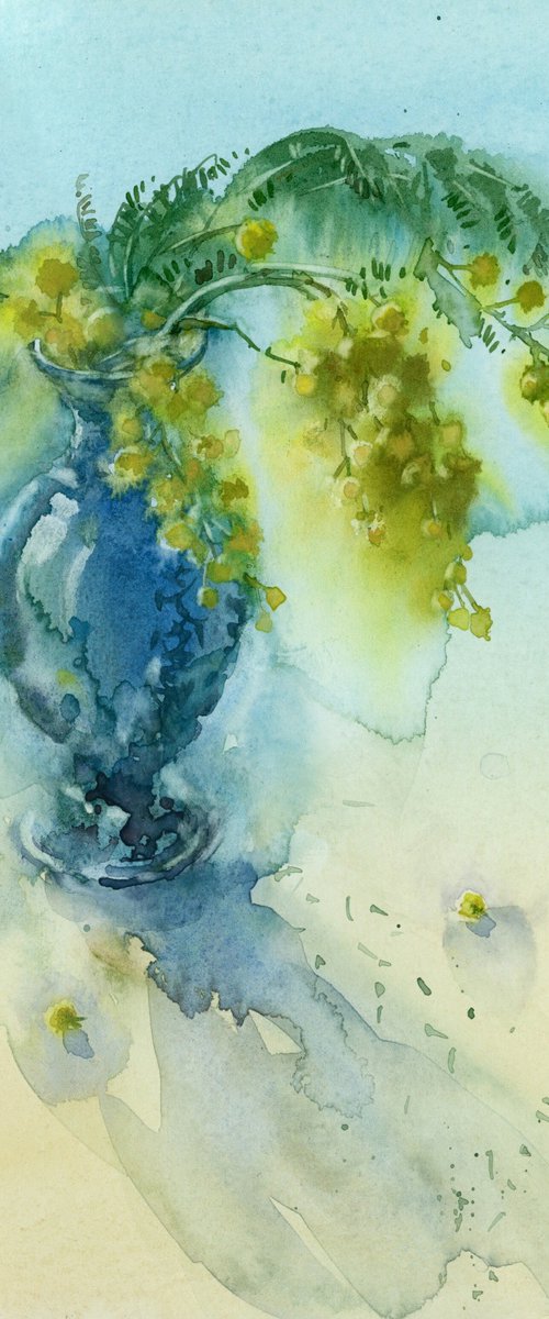 A sprig of mimosa in a small blue vase. Still life. Spring. by Tatyana Tokareva