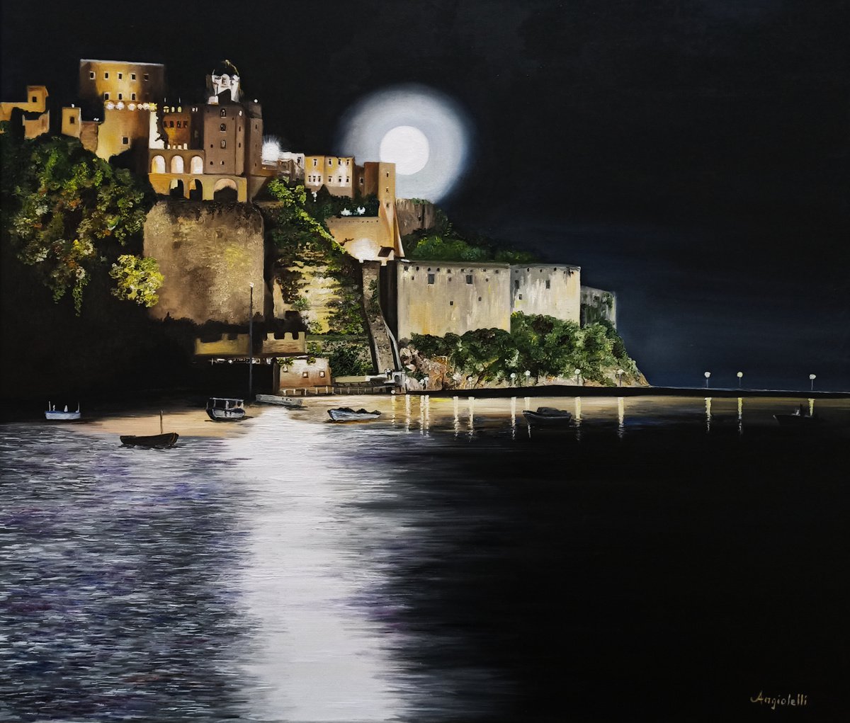 Photorealistic Landscape Oil Painting By Anna Rita Angiolelli, 28 X 24, Seascape - Ischia Island, Original Artwork
