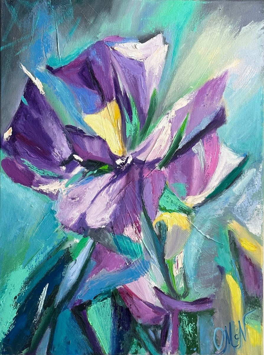 Violet Irises Emerald Greens 2 by Olga McNamara