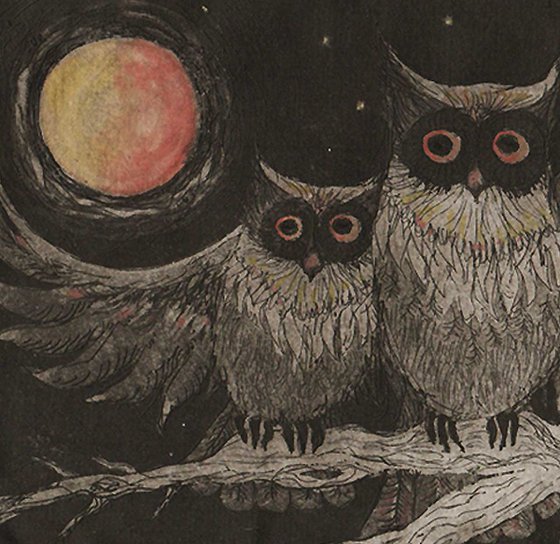 Night Owls limited edition intaglio etching and aquatint