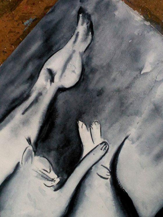 Female Nude Painting Original Art Cat Painting Woman Nude Black Monochrome Wet on Wet Watercolor Artwork Home Wall Art 17 by 12" by Halyna Kirichenko