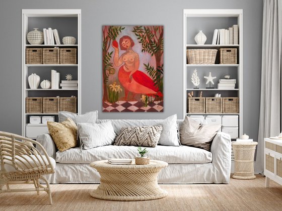 Sirens Art Modern Woman Nude, Bird Woman, canvas, oil - Garden guards 63x90 cm