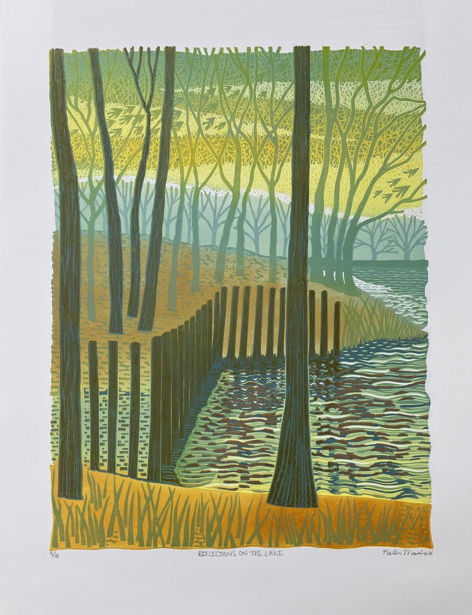 Impressionistic Landscape Linocut By Helen Maxfield, 15 X 20, Reflections On The Lake, Original Artwork