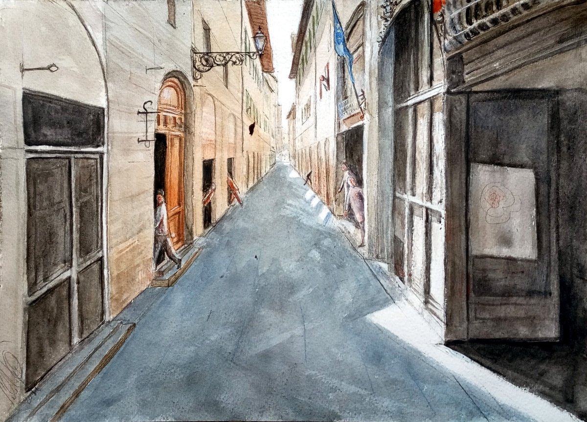 Illustrative Pastel Drawing , Alley With People Coming And Going By Paolo Beneforti, 14 X 10, Artwork For Sale On Artfinder