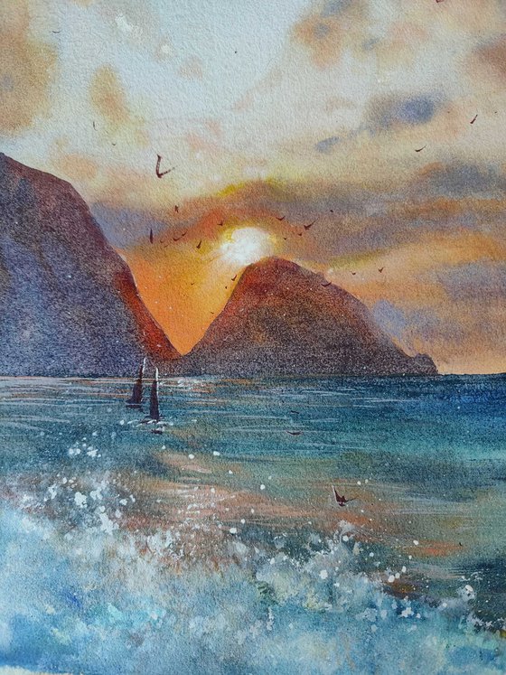 Sunset on Petani | Original watercolor painting (2022) Hand-painted Art Small Artist | Mediterranean Europe Impressionistic