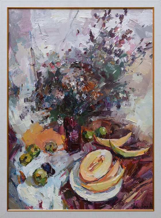 Still life with melons - Original oil painting  framed.