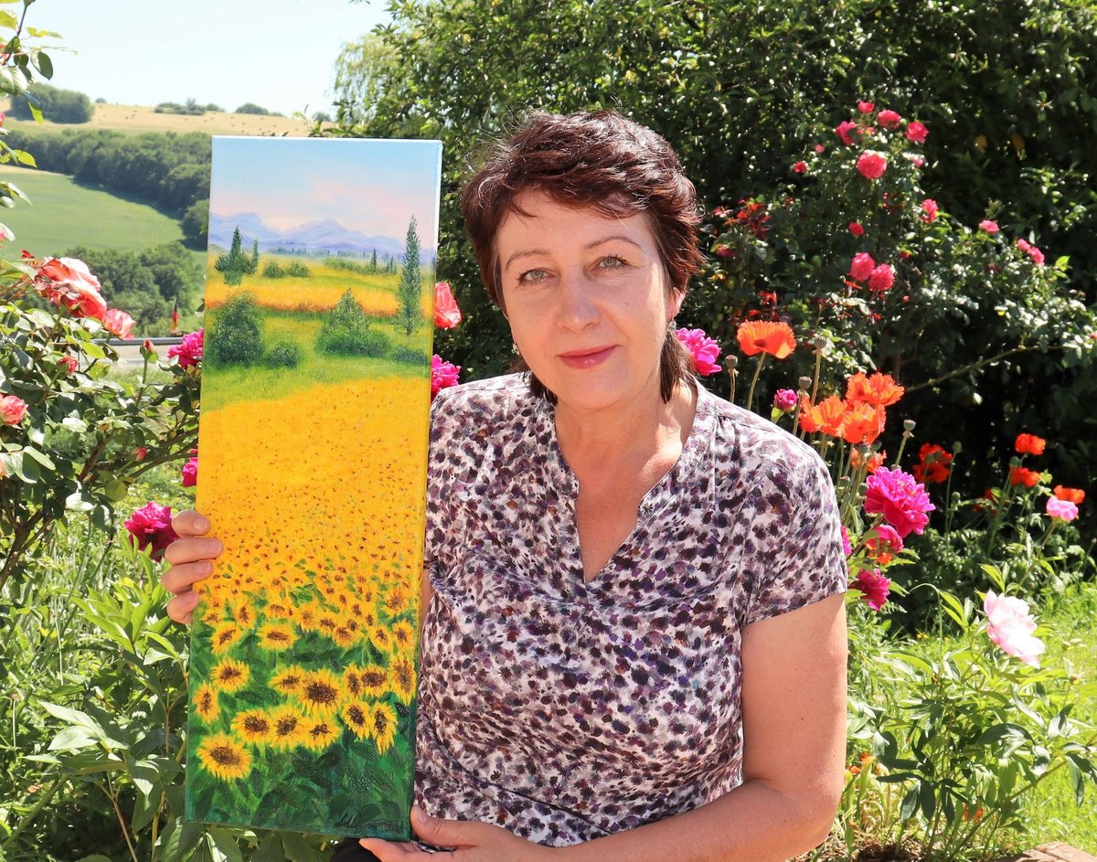 Photorealistic Landscape Oil Painting By Ludmilla Ukrow, 8 X 24", Sunflowers Field In Tuscany, Original Artwork