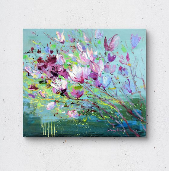 Magnolia on green blue 70x80