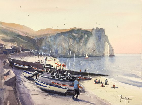 Boats on the beach in Etretat