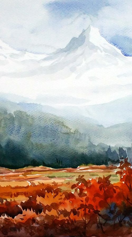 Flowers Garden & Himalayan Snow Peaks - Watercolor on Paper by Samiran Sarkar