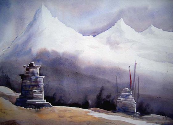 Mystery Himalayan Peaks - Watercolor on Paper