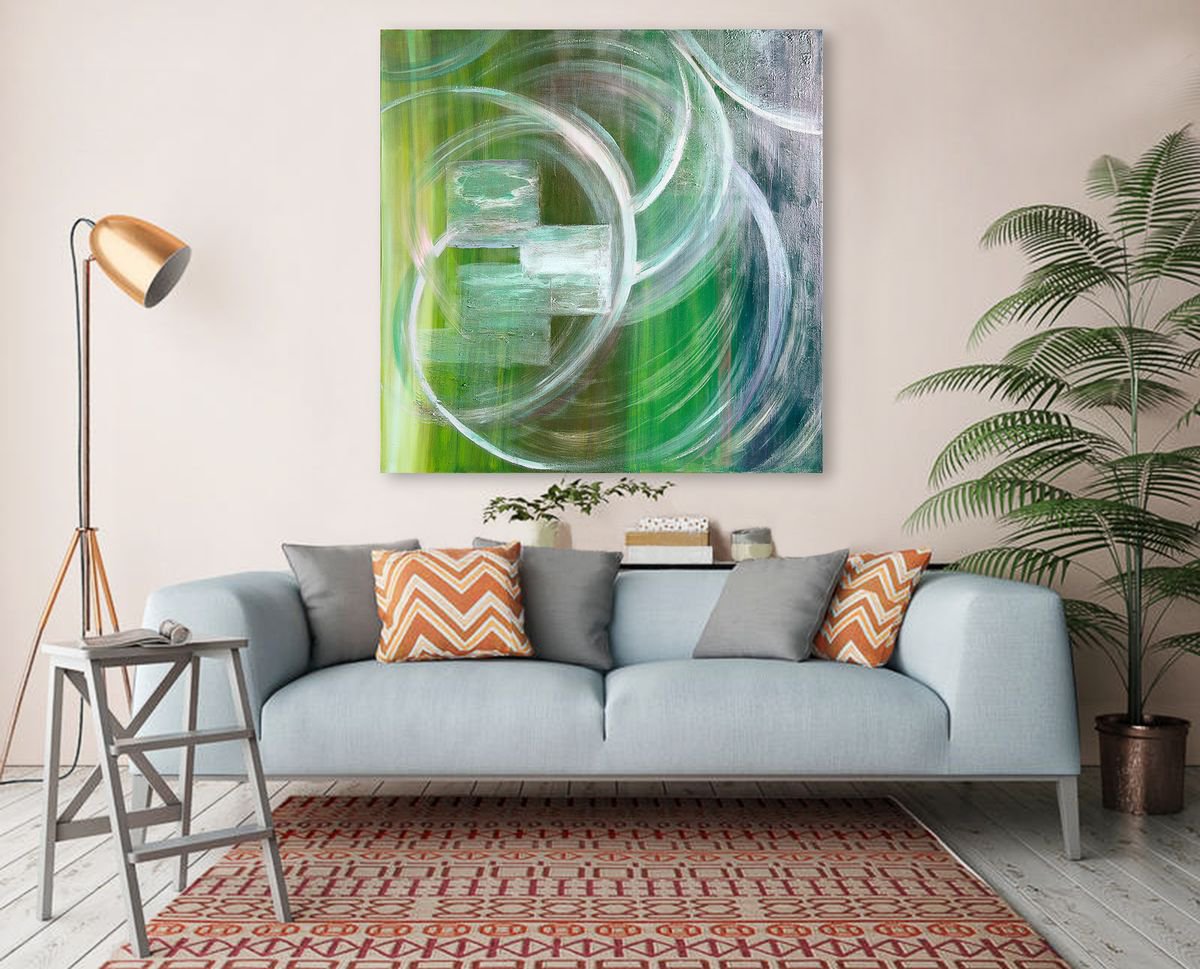Over the Edge - 100x100 cm, Glow in the Dark Large Painting by Cornelia Petrea - Abstract Art