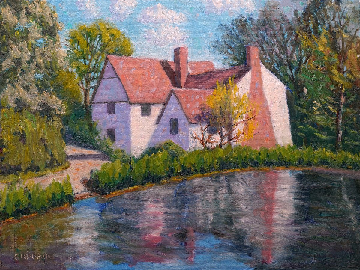 Impressionistic Landscape Oil Painting By Daniel Brian Fishback, 19 X 15, Cottage By The Lake, Original Artwork