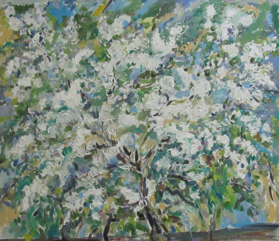 FLOWERING BUSH. APPLE TREE - floral art, landscape, blooming plant, original oil painting, Moscow