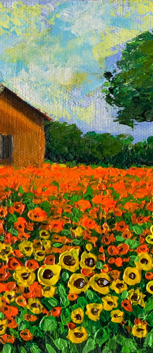 House in flower field ! Miniature Painting!!  Ready to hang by Amita Dand