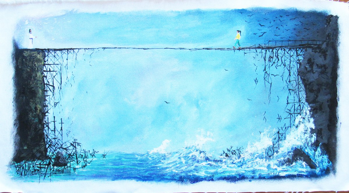 Impressionistic Landscape Acrylic Painting By William F. Adams, 33 X 18", Faith...crossing Broken ..., Original Artwork