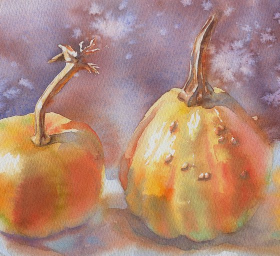 Three pumpkins. Winter Painting