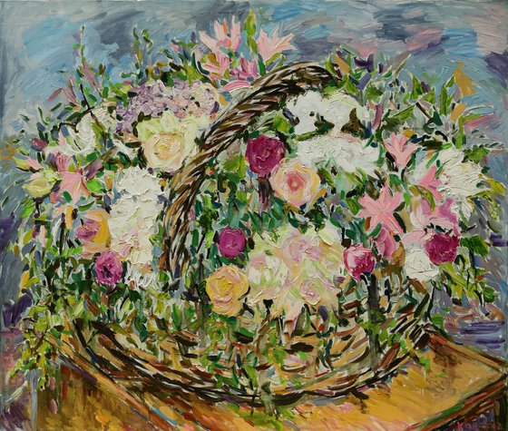 BASKET WITH FESTIVE BOUQUET - large floral art, orginal painting oil on canvas, still-life with flowers, Christmas gift 120x140
